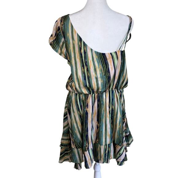 Free People Sz L Heart Shaped Face Asymmetrical Ruffled Mini Dress Green Boho - Picture 6 of 16